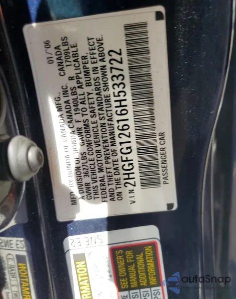 2006 Honda Civic Lx из США, поврежденный, VIN 2HGFG12616H533722